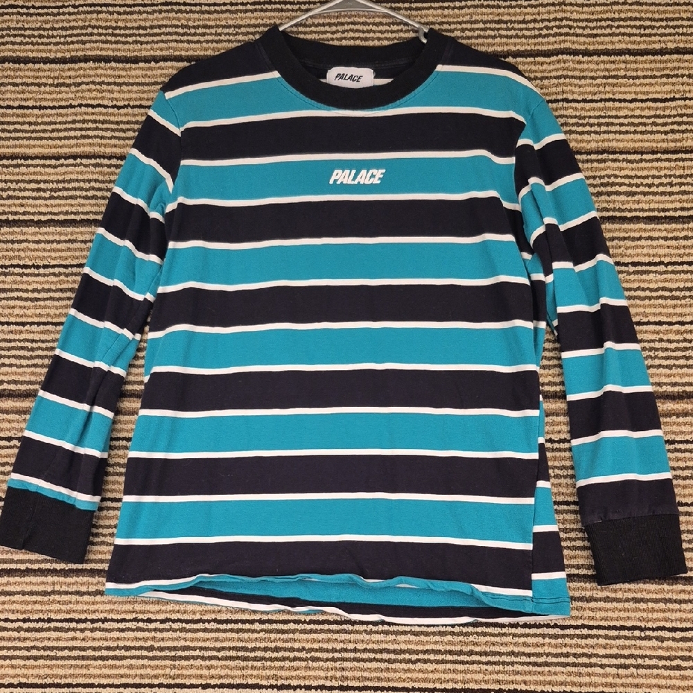 PALACE Skateboards Disc Teal Black Striped Rayon‎ Mens Sz M Long Sleeve Shirt
